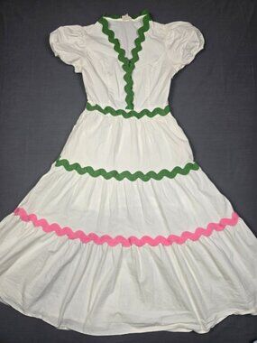 White Midi Dress With Green & Pink Ruffle Trim Short Puff Sleeves Shop The Mint